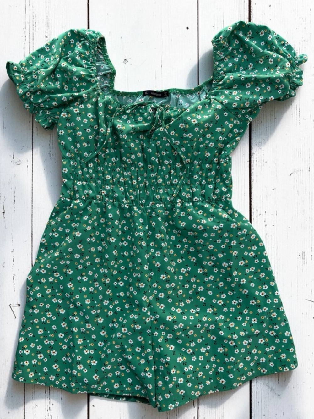 Hesperus Green Floral Romper XL Puff Sleeve Smocked Waist Cottagecore Boho
